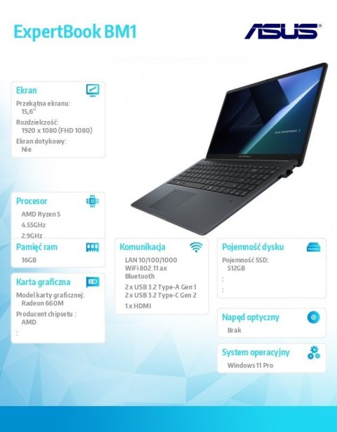 Notebook ExpertBook B1 BM1503CDA-S70989X - Ryzen R5 7535U/16GB/512GB/15.6 FHD/Win 11 PRO/3YRS Asus