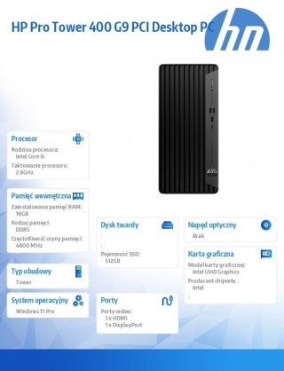 Komputer Pro Tower 400 G9 PCI i5-14500 512GB/16GB/W11P 9H7M8ET HP Inc.