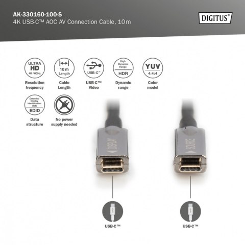 Kabel połączeniowy hybrydowy AOC USB 3.1 Typ C/USB Typ C 4K 60Hz 10m Digitus