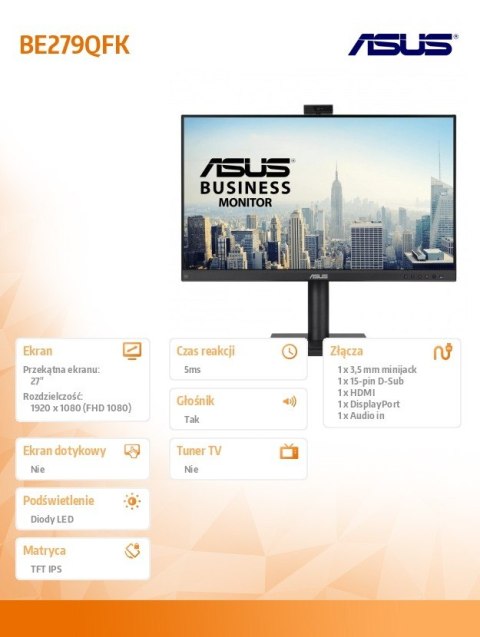 Monitor 27 cali BE279QFK IPS HDMI DP 100Hz kamera Asus