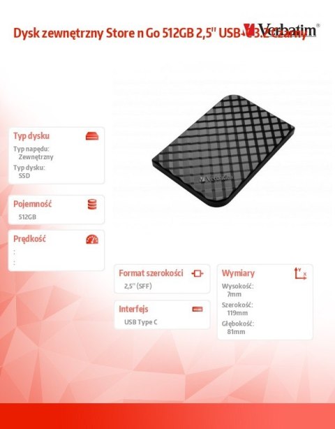 Dysk zewnętrzny Store n Go 512GB 2,5'' USB-C 3.2 Czarny Verbatim