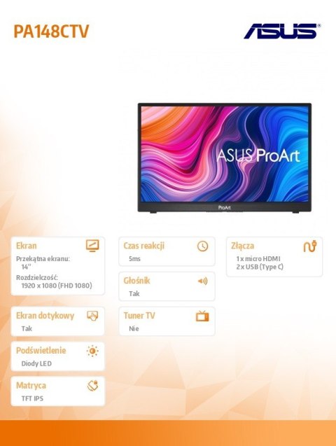 Monitor 14 cali PA148CTV IPS mHDMI USB-C Głośnik PIVOT sRGB 100% Asus