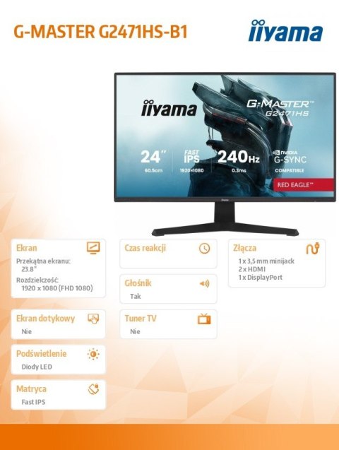Monitor 23,8 cala G2471HS-B1 Fast IPS,FHD,240Hz,2xHDMI,DP, 350cd, Adaptive G-SYNC - 1920 x 1080 @48-240Hz DisplayPort Only IIYAMA