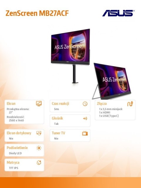 Monitor 27 cali MB27ACF ZEN SC IPS QHD100Hz USB-C HDMI Asus