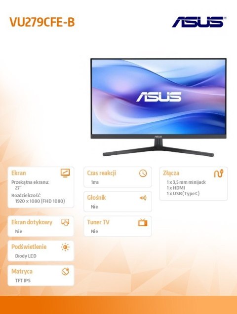 Monitor 27 cali VU279CFE-B IPS 100Hz HDMI USB-C 250cd/m2 1MS Asus