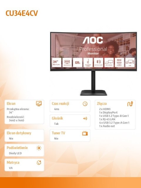 Monitor CU34E4CV 34 cale 120Hz Curved VA HDMIx2 DP RJ45 HAS Głośniki AOC