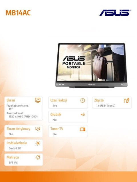 Monitor MB14AC 14 cali IPS FHD USB-C 9mm 0,59kg Przenośny ekran dodatkowy do notebooka Asus