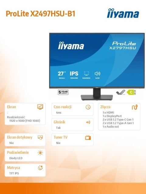 Monitor ProLite 27 cali X2797HSU-B1 IPS,FHD,HDMI,DP,120Hz,350CD,2xUSBv3.2, 2xUSB-C, GW 5lat IIYAMA