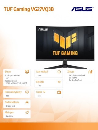 Monitor TUF Gaming 27 cali VG27VQ3B HDMIx2+DP GAMING Czarny/1ms/EU Asus