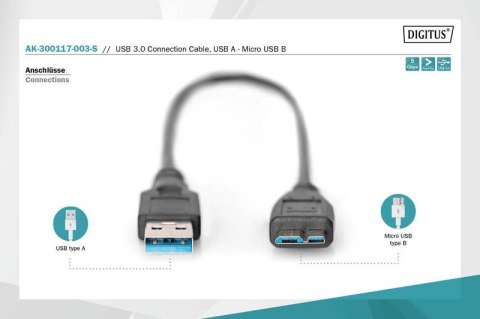 Kabel połączeniowy USB 3.1 Gen.1 SuperSpeed 5Gbps Typ USB A/microUSB B M/M czarny 0,25m Digitus