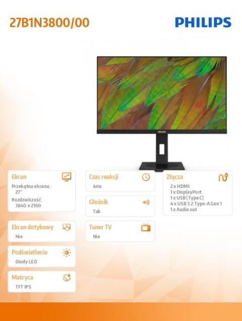 Monitor 27B1N3800 27 cali IPS 4K HDMIx2 DP Pivot Głośniki Philips