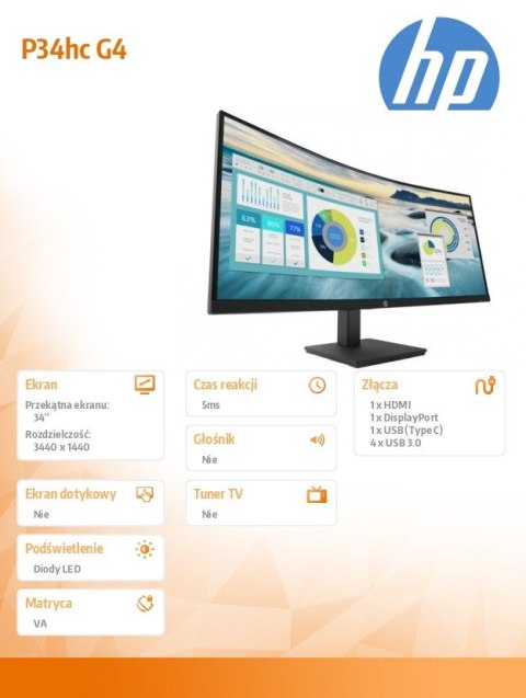 Monitor P34hc G4 WQHD USB-C Curved 21Y56AA HP Inc.