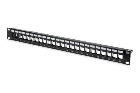 Panel krosowy (patch panel) modularny 19" 24 porty pod moduły keystone, 1U, ekranowany, prowadnica kabli, pola opisowe, czarny Digitus