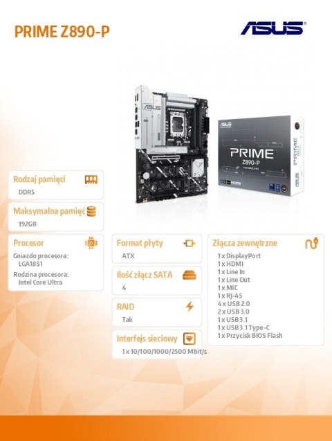 Płyta główna PRIME Z890-P s1851 4DDR 5 DP/HDMI/DP/TB4 ATX /90MB1I50-M0EAY0 Asus