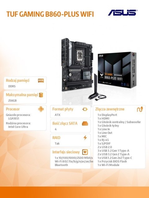 Płyta główna TUF GAMING B860-PLUS WIFI s1851 4DDR5 USBC ATX Asus