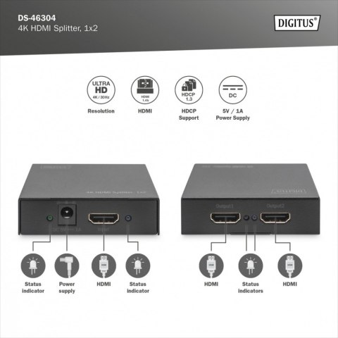 Rozdzielacz/Splitter HDMI 2-portowy, 4K 30Hz UHD 3D, HDCP 1.3, audio Digitus