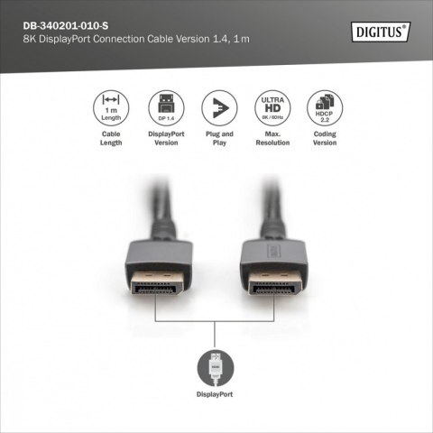 Kabel połączeniowy PREMIUM DisplayPort 8K60Hz UHD DP/DP M/M 1m Czarny Digitus