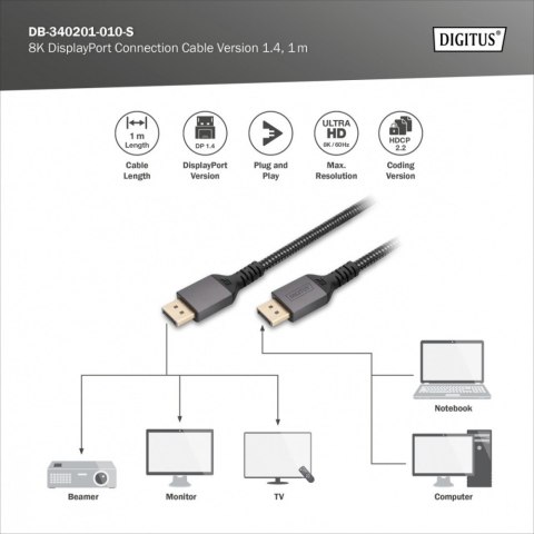 Kabel połączeniowy PREMIUM DisplayPort 8K60Hz UHD DP/DP M/M 1m Czarny Digitus