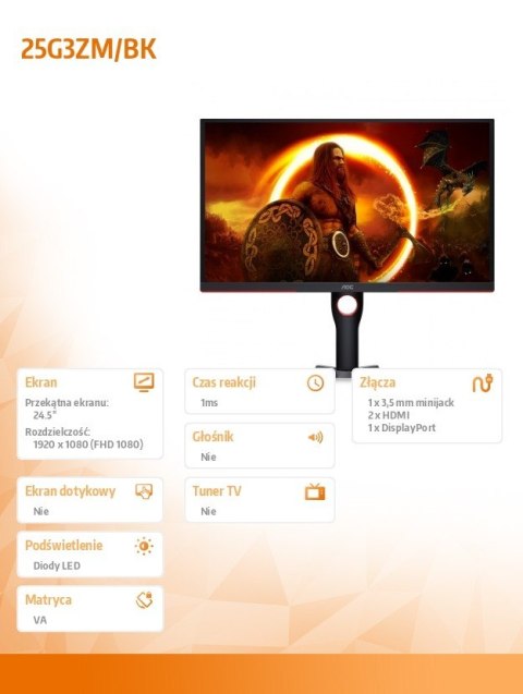 Monitor 24,5 cali 25G3ZM/BK VA 240Hz HDMIx2 DPx2 Pivot AOC