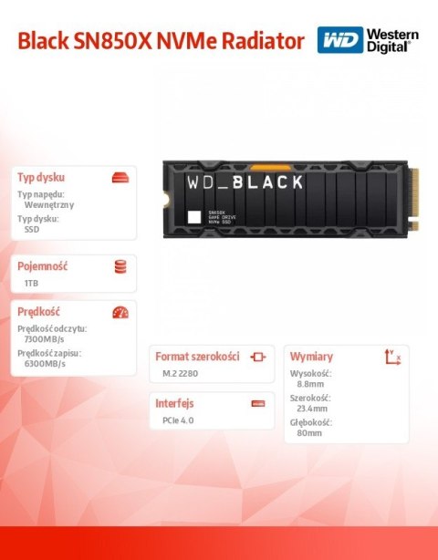 Dysk SSD Black 1TB SN850X NVMe M.2 PCIe Radiator Western Digital