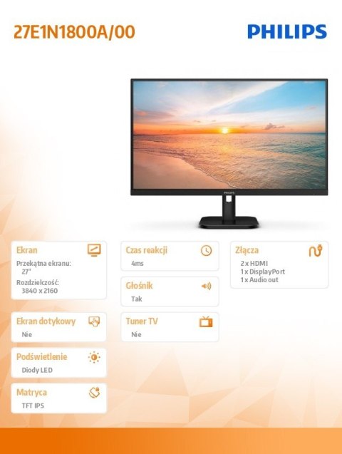 Monitor 27E1N1800A 27 cali IPS 4K HDMIx2 DP Głośniki Philips