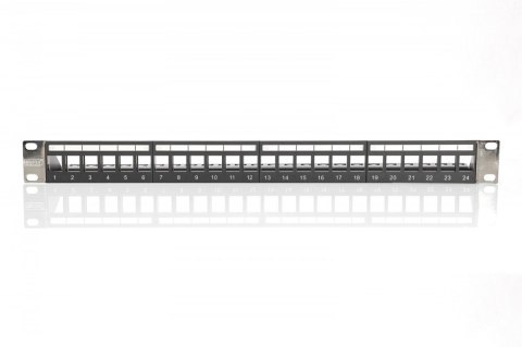 Panel krosowy (patch panel) modularny 19" 24 porty pod moduły keystone, 1U, ekranowany, prowadnica kabli, wymienne pola opisowe  Digitus