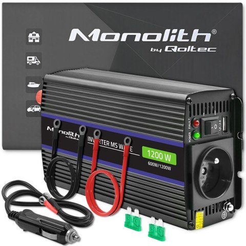 Przetwornica napięcia Monolith 1200 MS Wave | 12V na 230V | 600/1200W | USB Qoltec