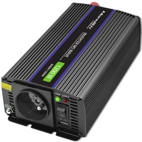 Przetwornica napięcia Monolith 1200 MS Wave | 12V na 230V | 600/1200W | USB Qoltec