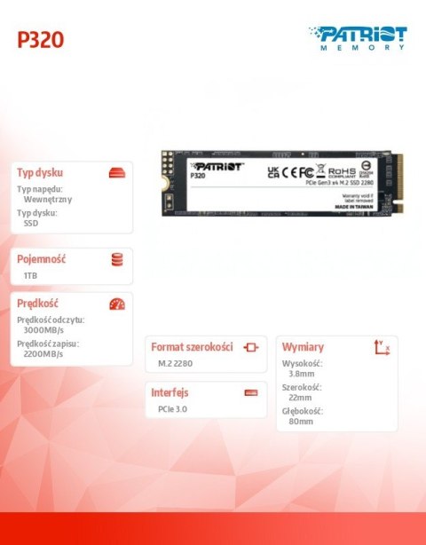 Dysk SSD 1TB P320 PCIe M.2 Gen3 x4 NVMe 3000/2200MB/s Patriot