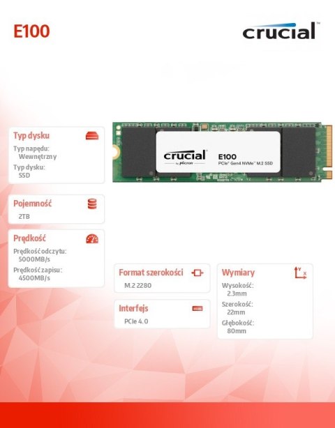 Dysk SSD E100 2TB M.2 NVMe 2280 PCIe 4.0 5000/4500 MB/s Crucial