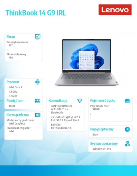 Laptop ThinkBook 14 G9 21UY007EPB W11Pro Core 5 210H/16GB/512GB/INT/14.0 WUXGA/Luna Grey/3YR OS + 1YR CI + CO2 Offset Lenovo