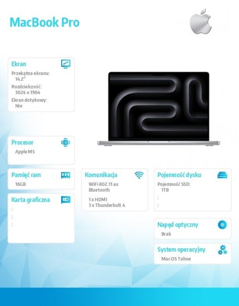 MacBook Pro 14.2 cala: M5 10C/10C, 16GB, 1TB SSD - Srebrny Apple