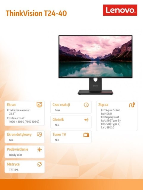 Monitor ThinkVision 23.8 cala T24-40 64A4MATXEU Lenovo