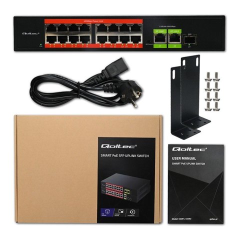 Przełącznik sieciowy SWITCH FAST Ethernet PoE | 16x RJ45 10/100 Mb/s | 2x RJ45 Uplink 1000 Mb/s | 1x SFP 1000Mb/s Qoltec