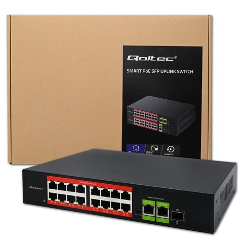 Przełącznik sieciowy SWITCH FAST Ethernet PoE | 16x RJ45 10/100 Mb/s | 2x RJ45 Uplink 1000 Mb/s | 1x SFP 1000Mb/s Qoltec