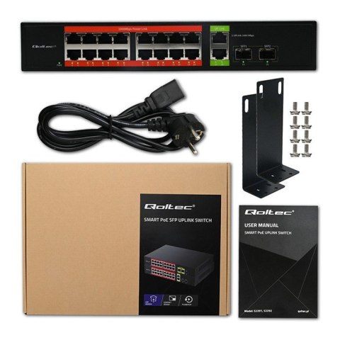 Przełącznik sieciowy SWITCH Gigabit Ethernet PoE | 16x RJ45 | 2x RJ45 Uplink | 2x SFP | 1000 Mb/s Qoltec