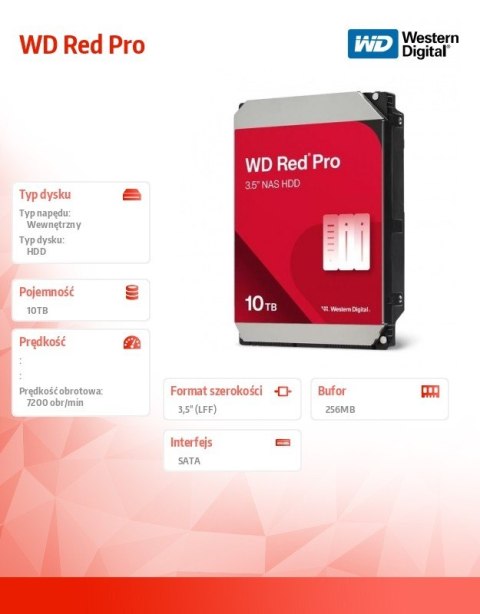 Dysk HDD Red Pro 10TB 3,5 cala 256 MB SATA 7200rp WD103KFBX Western Digital