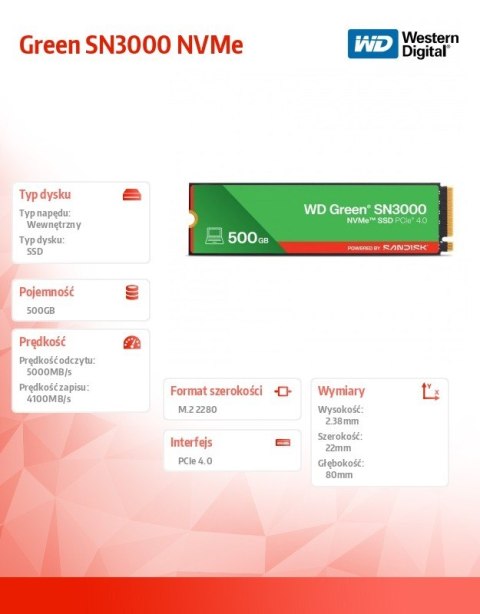 Dysk SSD Green 500GB M.2 2280 SN3000 NVMe PCIE4.0 Western Digital