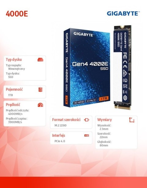 Dysk SSD NVMe 1.4 Gen4 1TB M.2 2280 4000/3900MB/s Gigabyte