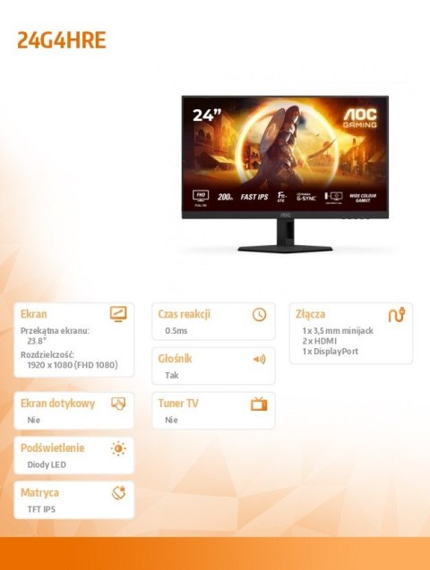 Monitor 24G4HRE 23.8 cala Fast IPS 200Hz HDMIx2 DP Głośniki AOC