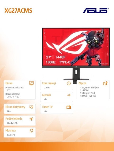 Monitor 27 cali XG27ACMS ROG DP HDMI USB-C 0.3MS Asus