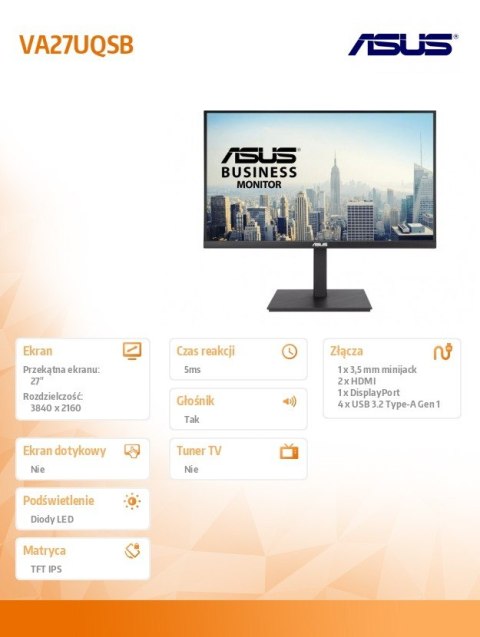 Monitor 27 cali VA27UQSB DP+HDMI*2+SPK+USB Asus