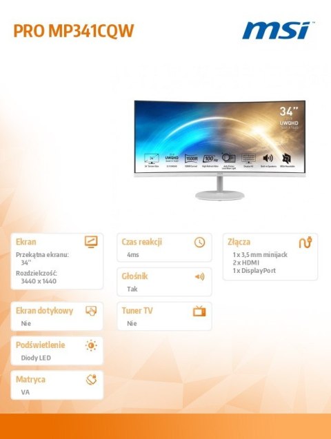 Monitor 34 cale PRO MP341CQW CURVED/VA/UWQHD/100Hz MSI