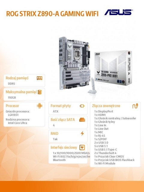 Płyta główna ROG STRIX Z890-A GAMING WIFI s1851 4DDR5 TB4 ATX/90MB1I90-M0EAY0 Asus