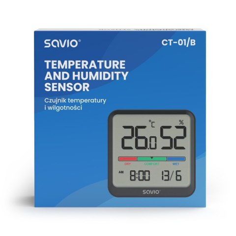 Czujnik temperatury i wilgotności, do użytku wewnętrznego, ekran LCD, zegar, data, uchwyt z magnesem, CT-01/B Czarny Savio