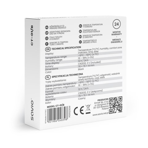 Czujnik temperatury i wilgotności, do użytku wewnętrznego, ekran LCD, zegar, data, uchwyt z magnesem, CT-01/B Czarny Savio