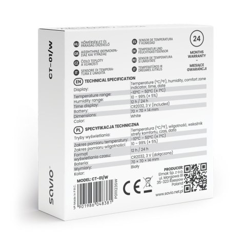 Czujnik temperatury i wilgotności, do użytku wewnętrznego, ekran LCD, zegar, data, uchwyt z magnesem, CT-01/W Biały Savio