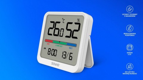 Czujnik temperatury i wilgotności, do użytku wewnętrznego, ekran LCD, zegar, data, uchwyt z magnesem, CT-01/W Biały Savio