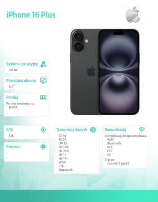 IPhone 16 Plus 128GB - Czarny Apple