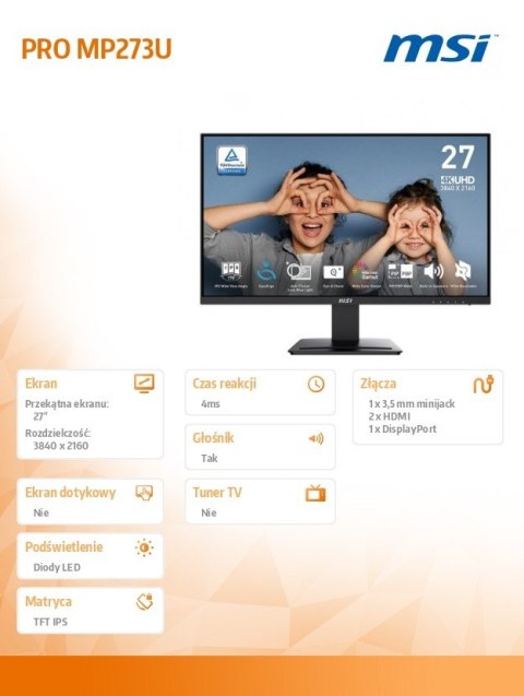 Monitor 27 cali PRO MP273U LED/UHD/Flat/60Hz/czarny MSI